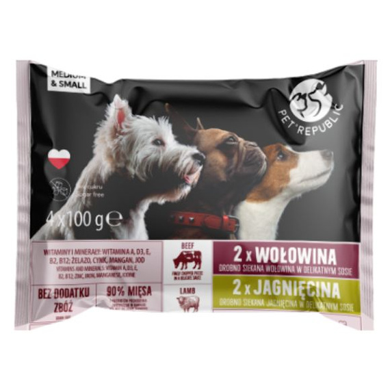 Pet Republic siekana jagnięcina, wołowina w sosie - karma dla psów małych ras 4x100g
