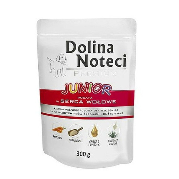 Dolina Noteci Premium Junior serca wołowe - karma dla szczeniąt i młodych psów ras średnich i dużych 300g