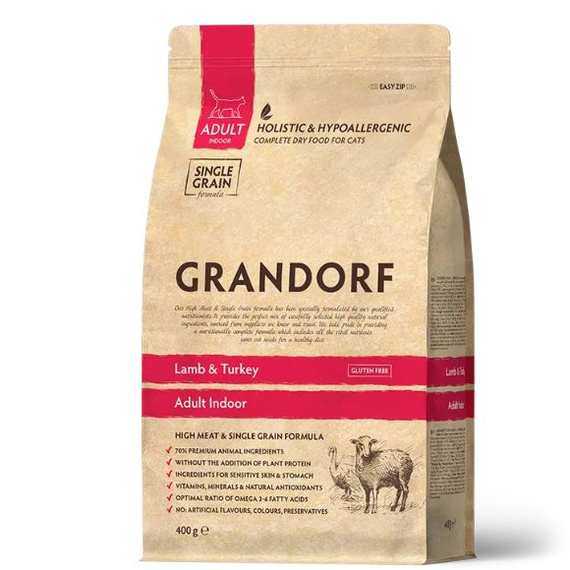 Grandorf Jagnięcina i Indyk sucha karma dla kotów dorosłych 400g