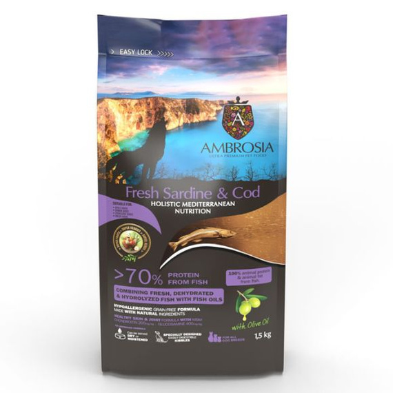 Ambrosia Mediterranean Light Świeża Sardynka i Dorsz sucha karma dla psów 1,5kg