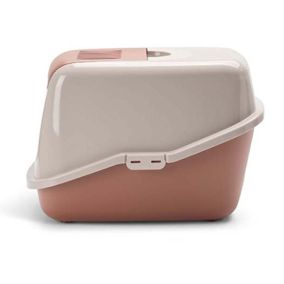 Toaleta Savic Nestor Tuscan Red kryta kuweta z uchylnymi drzwiczkami.