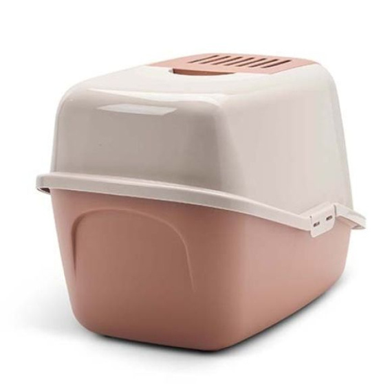 Toaleta Savic Nestor Tuscan Red kryta kuweta z uchylnymi drzwiczkami.