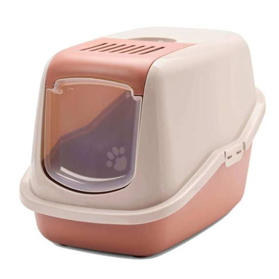 Toaleta Savic Nestor Tuscan Red kryta kuweta z uchylnymi drzwiczkami.