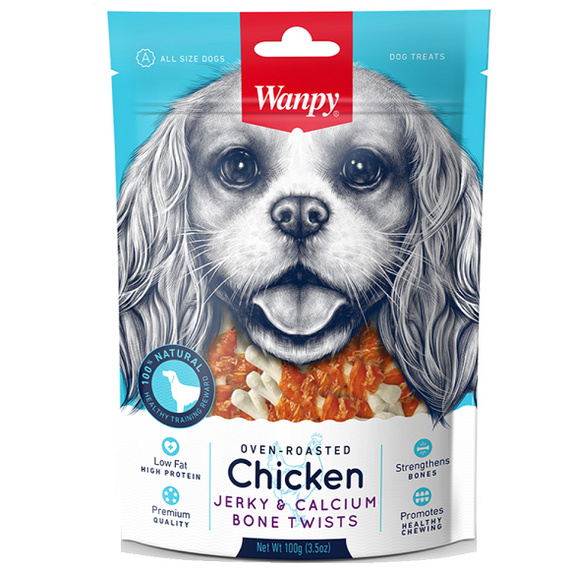 Wanpy Chicken Jerky & Calcium Bone Twists kosteczki owinięte kurczakiem 100g
