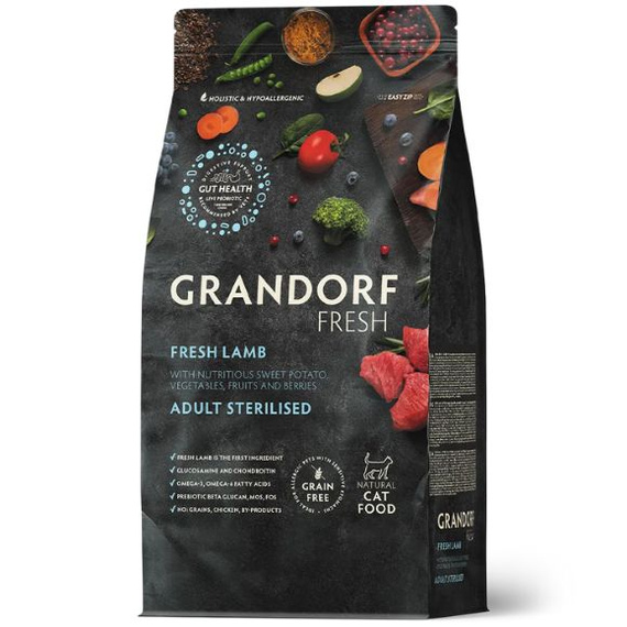 Grandorf Fresh Sterilised – karma sucha bezzbożowa dla dorosłych kotów z jagnięciną, 2kg