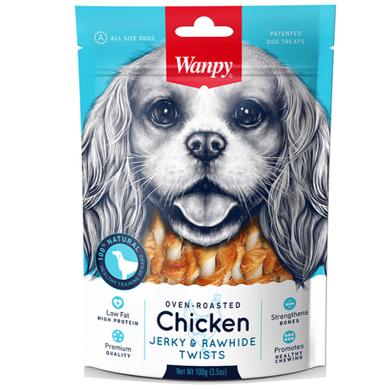Wanpy Chicken Jerky & Rawhide Twists patyczki ze skóry wołowej owinięte mięsem z kurczaka