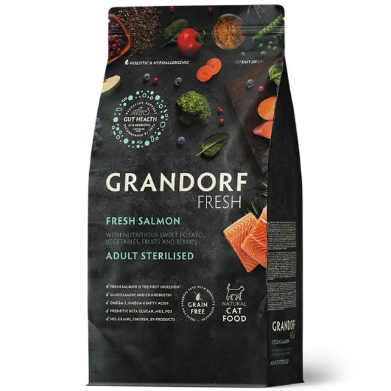 Grandorf Fresh Sterilised – karma sucha bezzbożowa dla dorosłych kotów z łososiem, 2kg