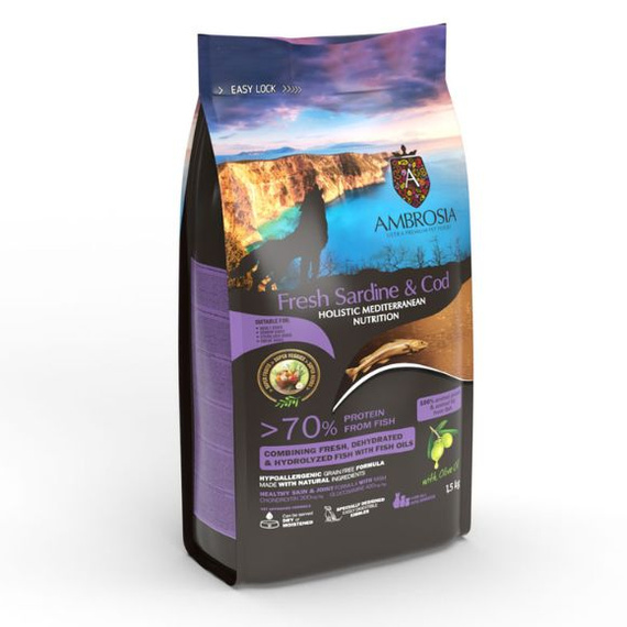 Ambrosia Mediterranean Light Świeża Sardynka i Dorsz sucha karma dla psów 1,5kg