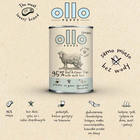 Ollo Umami Puppy Beef & Green Tripe with Duck Liver mokra karma dla szczeniąt - wołowina, żwacze, kacza wątróbka 400g