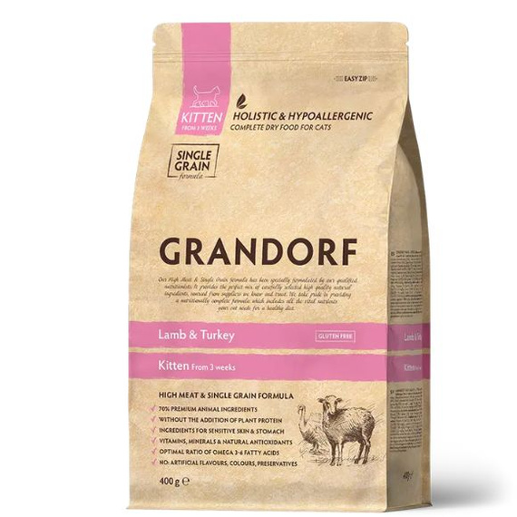 Grandorf Jagnięcina i Indyk sucha karma dla kociąt 400g
