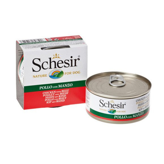 Schesir naturalna karma dla psów filety z kurczaka z wołowiną w galaretce w puszce 150g