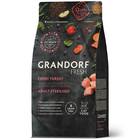 Grandorf Fresh Sterilised – karma sucha bezzbożowa dla dorosłych kotów z indykiem, 2kg