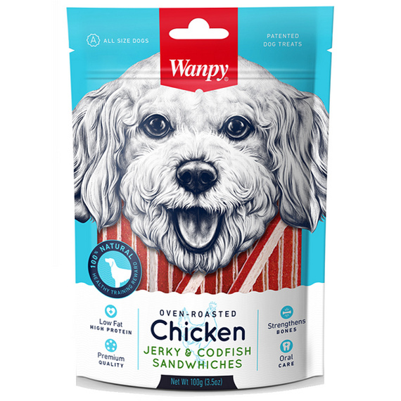 Wanpy Chicken & Codfish Sandwiches przysmak dla psa paseczki kurczaka z rybą 100g