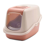 Toaleta Savic Nestor Tuscan Red kryta kuweta z uchylnymi drzwiczkami.